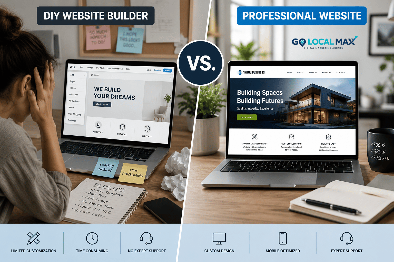 Small business owner building a website with a DIY website builder compared to a professionally designed business website.