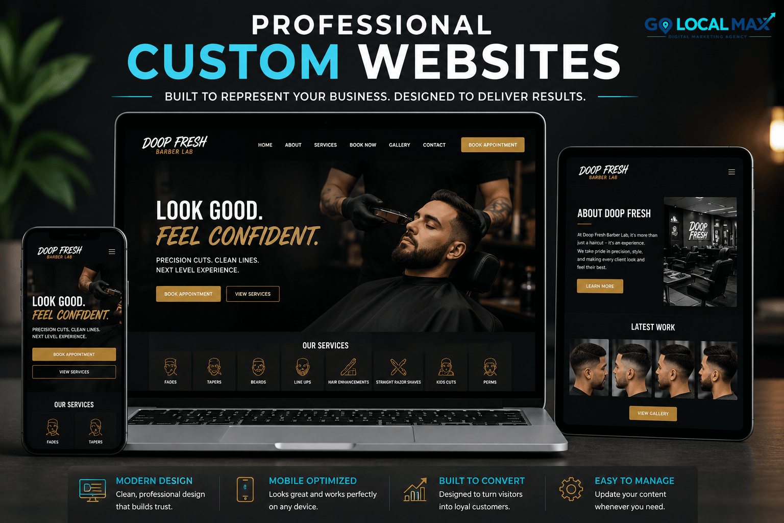 Responsive custom website design by Go Local Max displayed on desktop, tablet, and mobile devices for a small business.