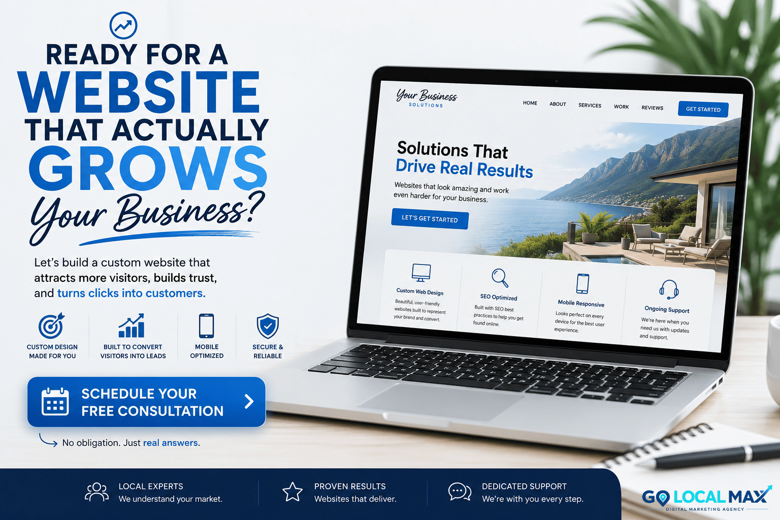 Laptop displaying a custom business website with a call to action to schedule a free website design consultation with Go Local Max.