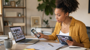 Small-business owner comparing social media platforms while planning a content strategy