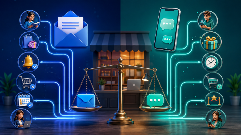 Comparison of email and SMS marketing for promotions, reminders, education, events and customer follow-up