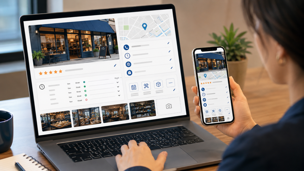 Small business owner updating services hours photos and contact details on a business profile.