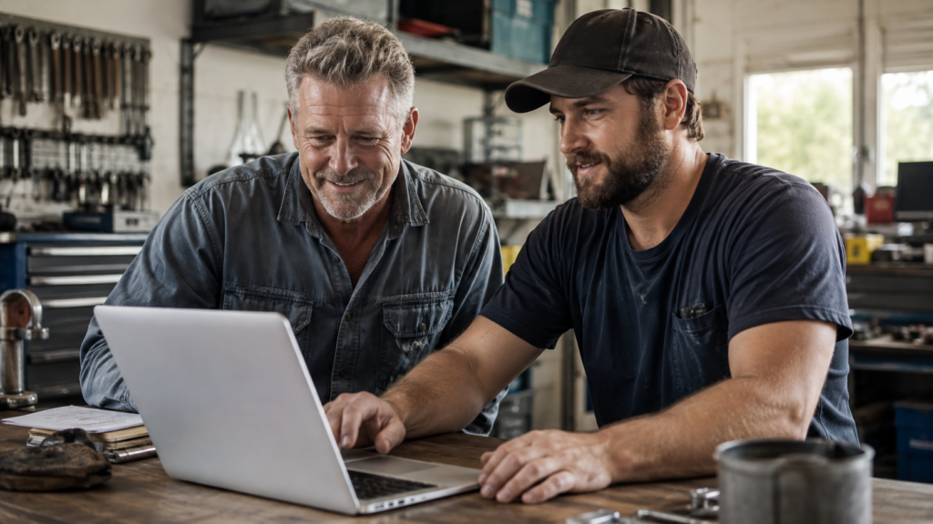 Local service-business owners reviewing community-focused social media content in their workshop