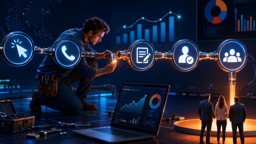 Conversion tracking pipeline connecting Google Ads clicks with calls, forms, qualified leads and customers