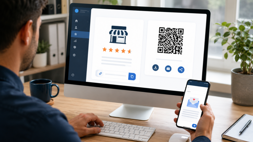 Business owner preparing a direct review link and QR code for customers