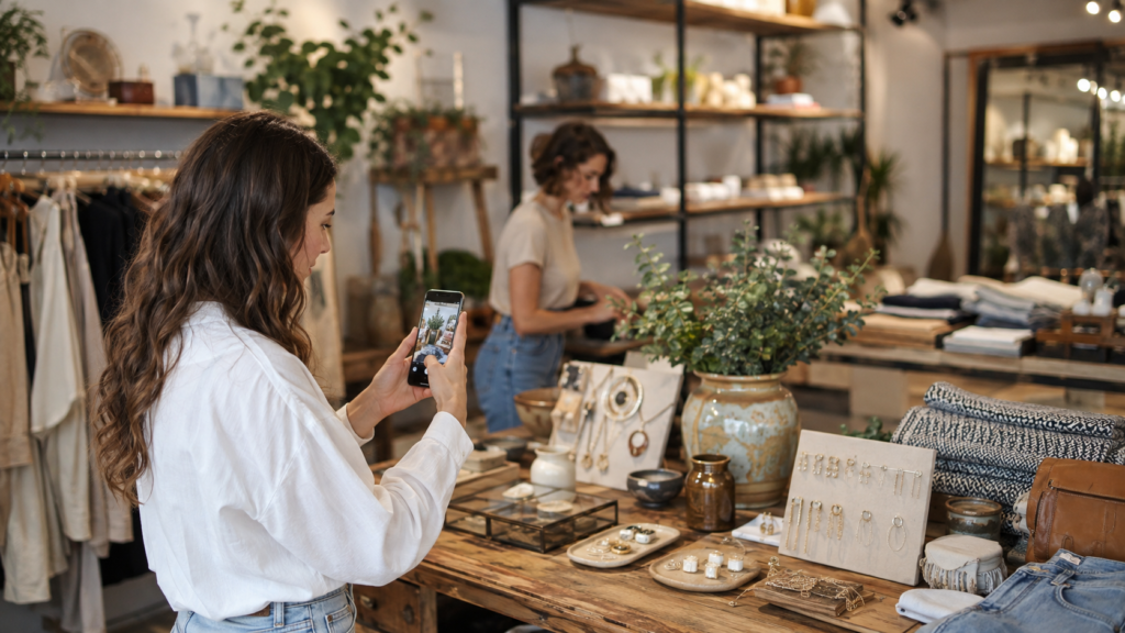 Boutique owner photographing products for realistic visual social media content