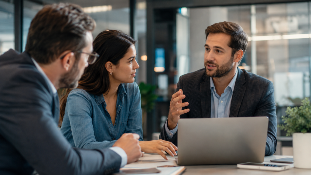 Business consultant sharing professional expertise with decision-makers during an office meeting