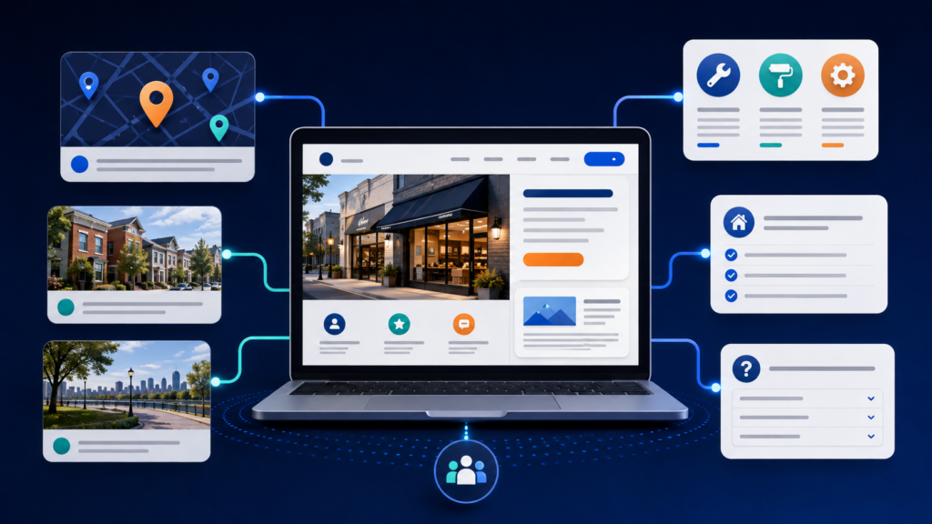 Local business website connected to useful service location and community content pages.