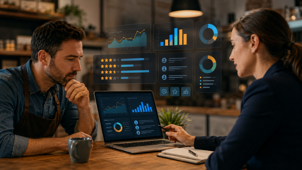 Business owner and reputation specialist measuring review volume ratings responses and feedback themes