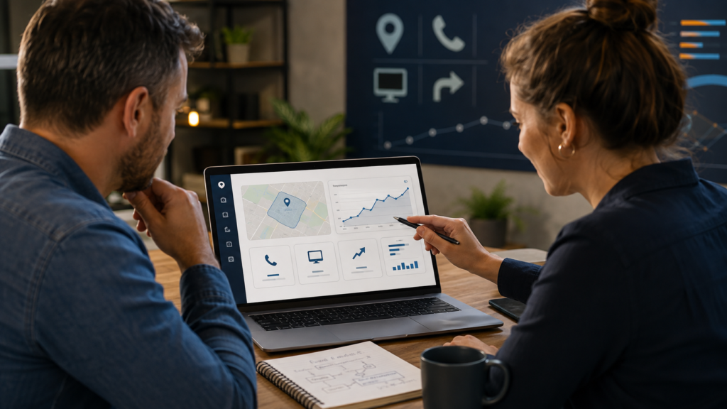Business owner and SEO specialist measuring local visibility calls website visits and inquiries.