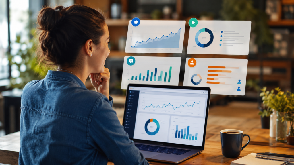 Small business owner reviewing social media engagement website visits and customer inquiries.