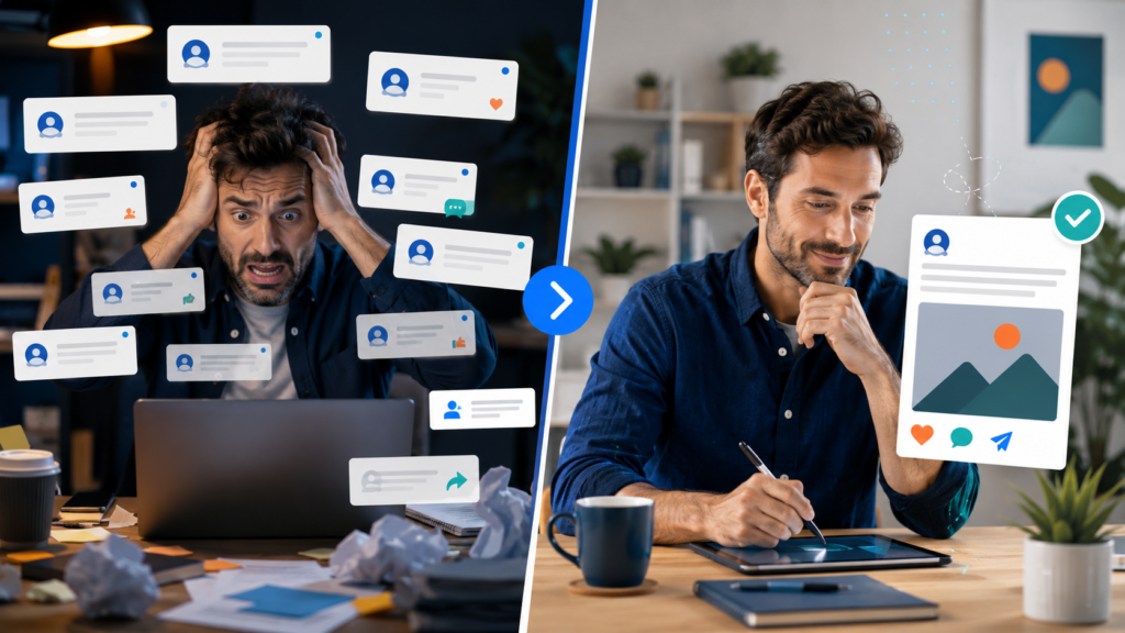 Comparison between overwhelming social media overposting and creating one quality post.