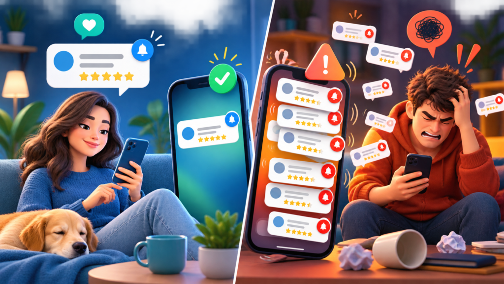 Comparison of one respectful review request and too many annoying reminders
