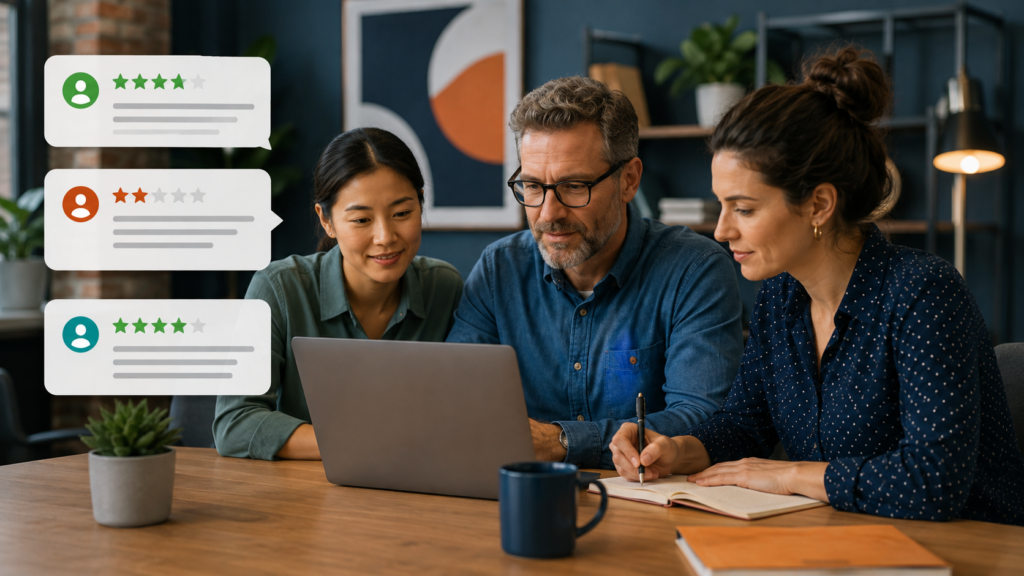 Small business team responding professionally to positive and negative customer reviews