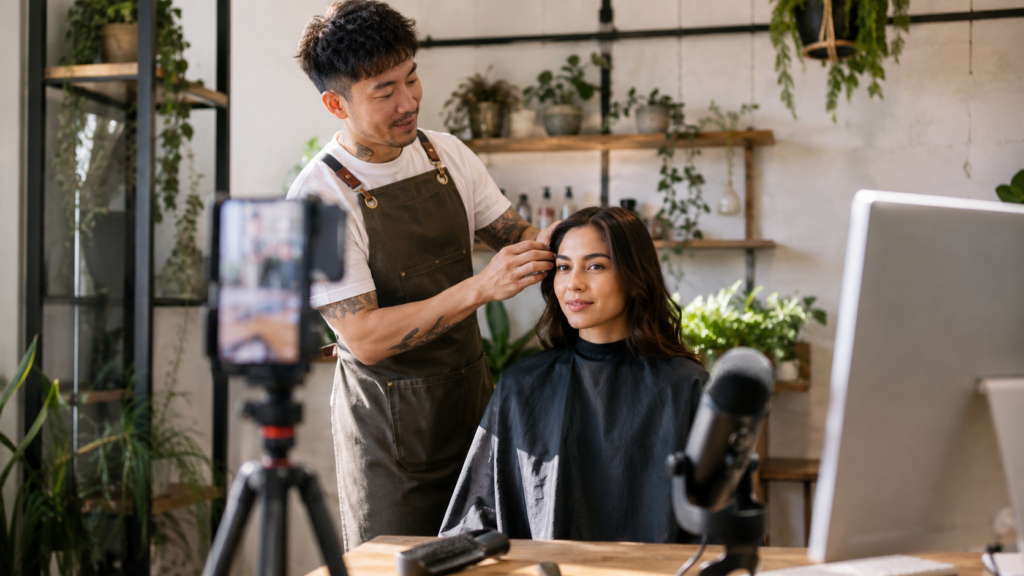Small-business owner filming a realistic vertical how-to video during a customer service demonstration