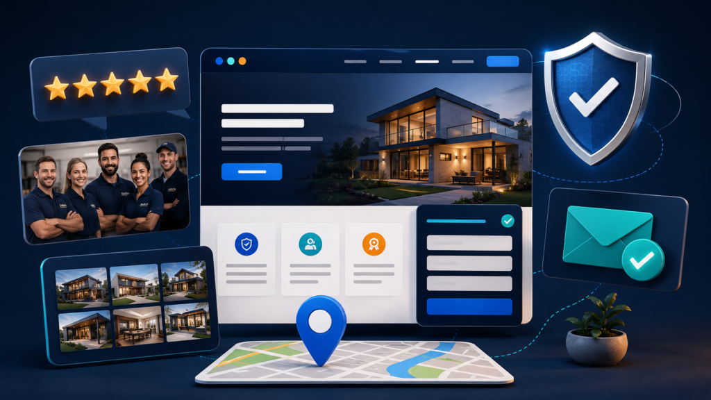 Website trust signals including customer reviews, security, team photos, project examples and contact information